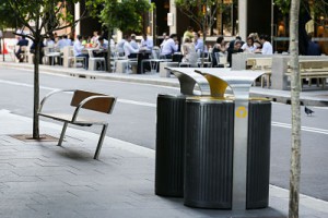 Barangaroo Avenue, Sydney. 30th March 2016. The City of Sydney's new street furniture at Barangaroo has been awarded a top prize at the world's most prestigious production design awards. Street furniture includes benches, bubblers, bollards and bins.